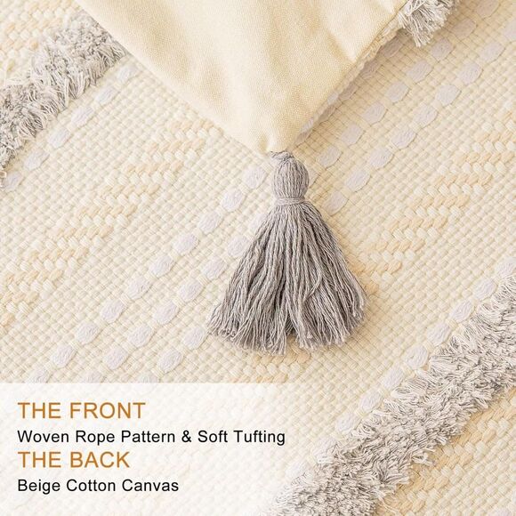 🤍 Set of 2 Boho Woven Pillow Covers 20x20 – Light Grey Tassel Style - Picture 2 of 7